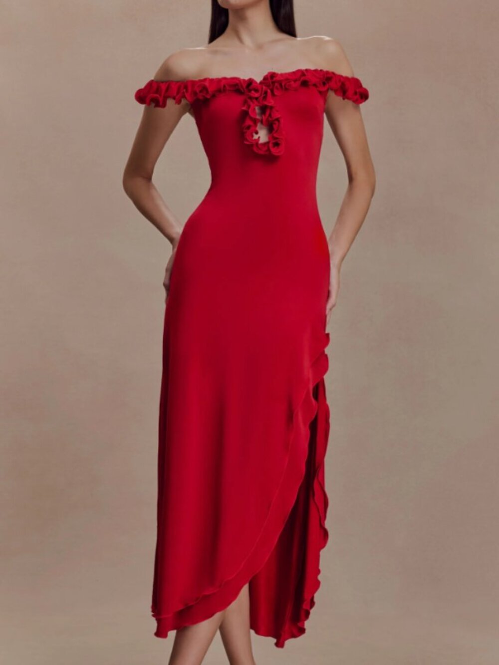 Meshki Red Midi Off the Shoulder Dress